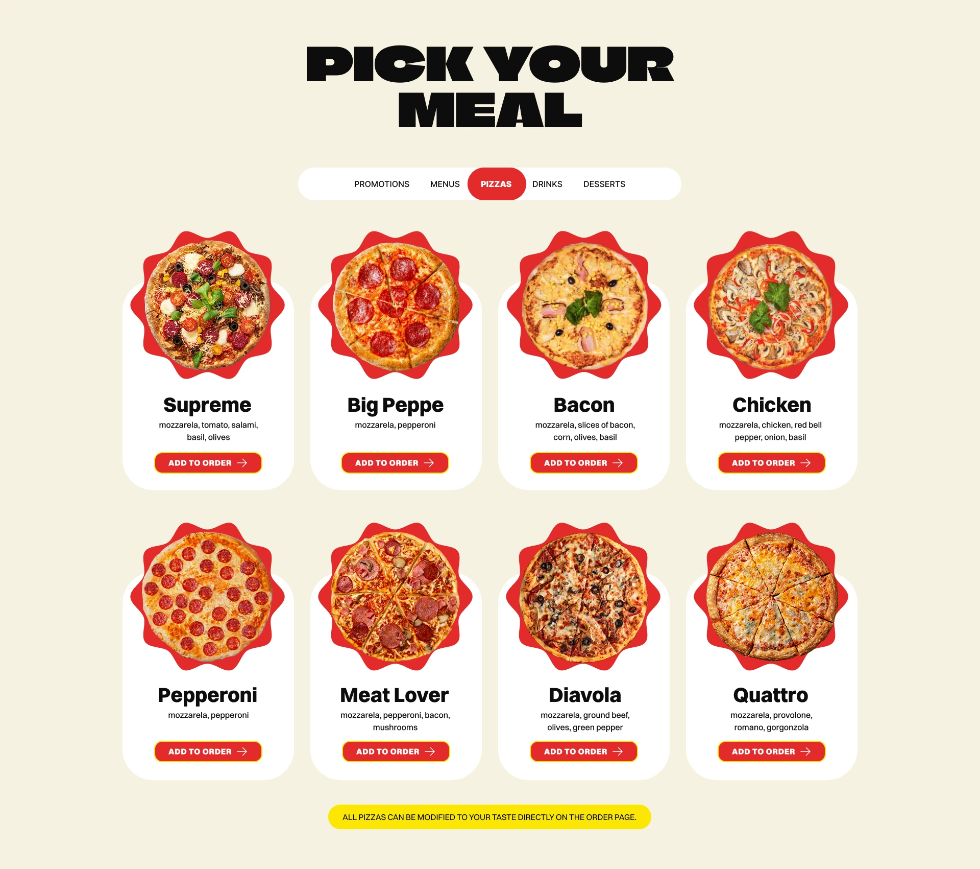 Menu section design on the homepage